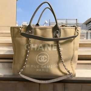 CHANEL Beige Canvas Tote with Chain Detail